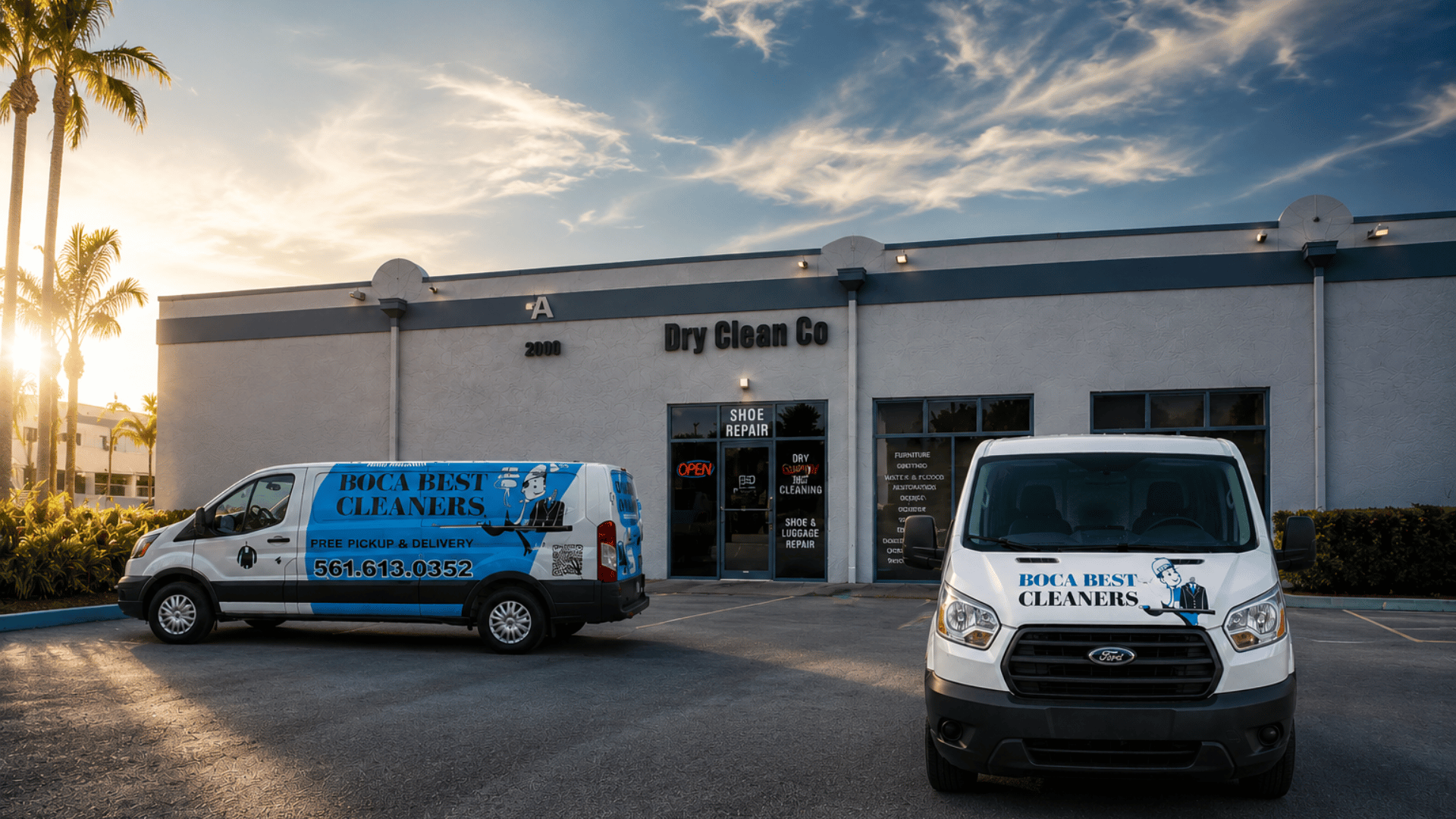 Boca Best Cleaners storefront and pickup vans