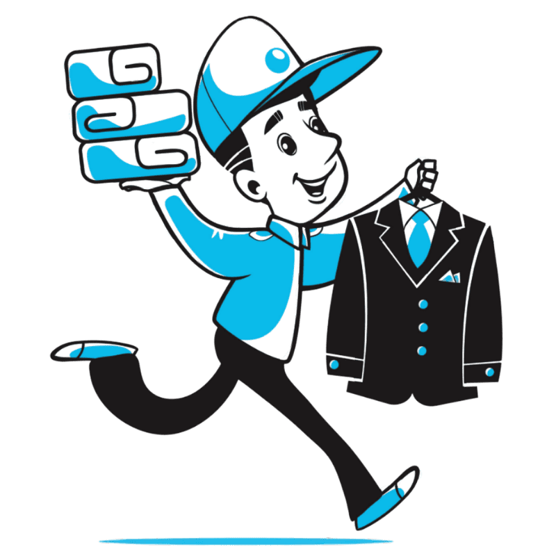 Boca Best Cleaners running man mascot carrying folded garments